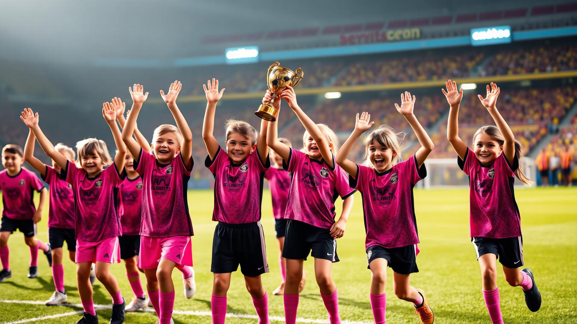 Niños de Miami United Academy celebrando con un trofeo